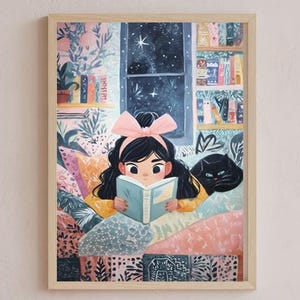 Arte mural de niña leyendo un libro, decoración acogedora para habitación de niña, regalo para amantes de los libros, cuento para dormir con gato, impresión caprichosa, arte maximalista para rincón de lectura
