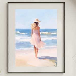 Beachy Wall Art, Woman On The Beach Painting, Beachy Print, Beachy Room Decor, Pastel Seashore, Summer Coastal Wall Art, Beach House Decor