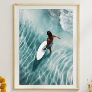 Surfboard Wall Art, Beachy Wall Art, Aerial Women Surfer, Beach House Decor, Surf Poster, Coastal Wall Art, Surfboard Decor, Surf Decor