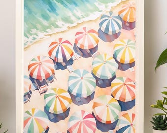 Beachy Wall Art, Striped Beach Umbrellas Aerial Painting, Coastal Wall Art Decor, Beach Umbrella Art, Summer Vibe, Summer Wall Art Printable