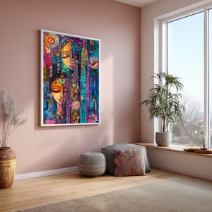 May include: A framed art print depicting a vibrant abstract portrait of two women. The artwork uses a palette of blues, pinks, yellows, and greens. The painting is displayed on a pink wall, with a vase, plant, and window in the background.