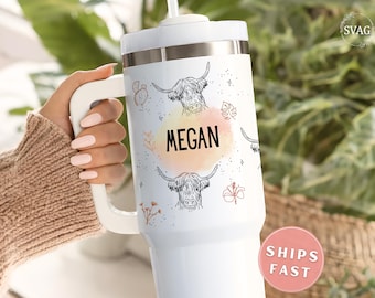 Personalized Highland Cow 40oz Tumbler with Straw & Handle Custom Highland Cow Floral Cup Highland Cow Lover Gift Cow Travel Mug Cow Tumbler