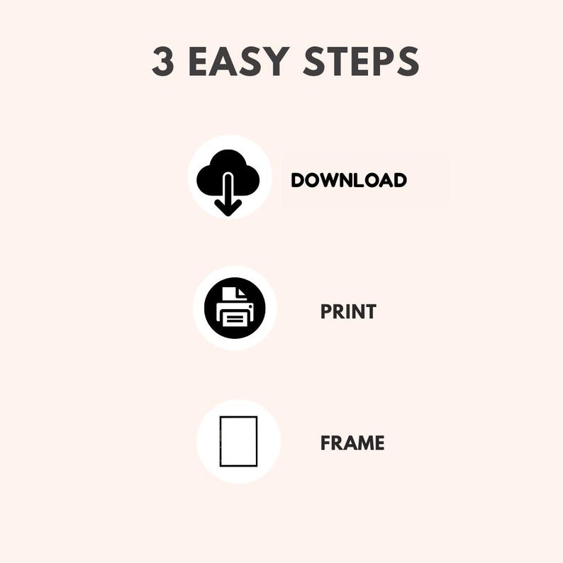 May include: A graphic with the text "3 EASY STEPS" and three icons. The first icon is a cloud with a downward arrow and the word "DOWNLOAD". The second icon is a printer and the word "PRINT". The third icon is a frame and the word "FRAME".
