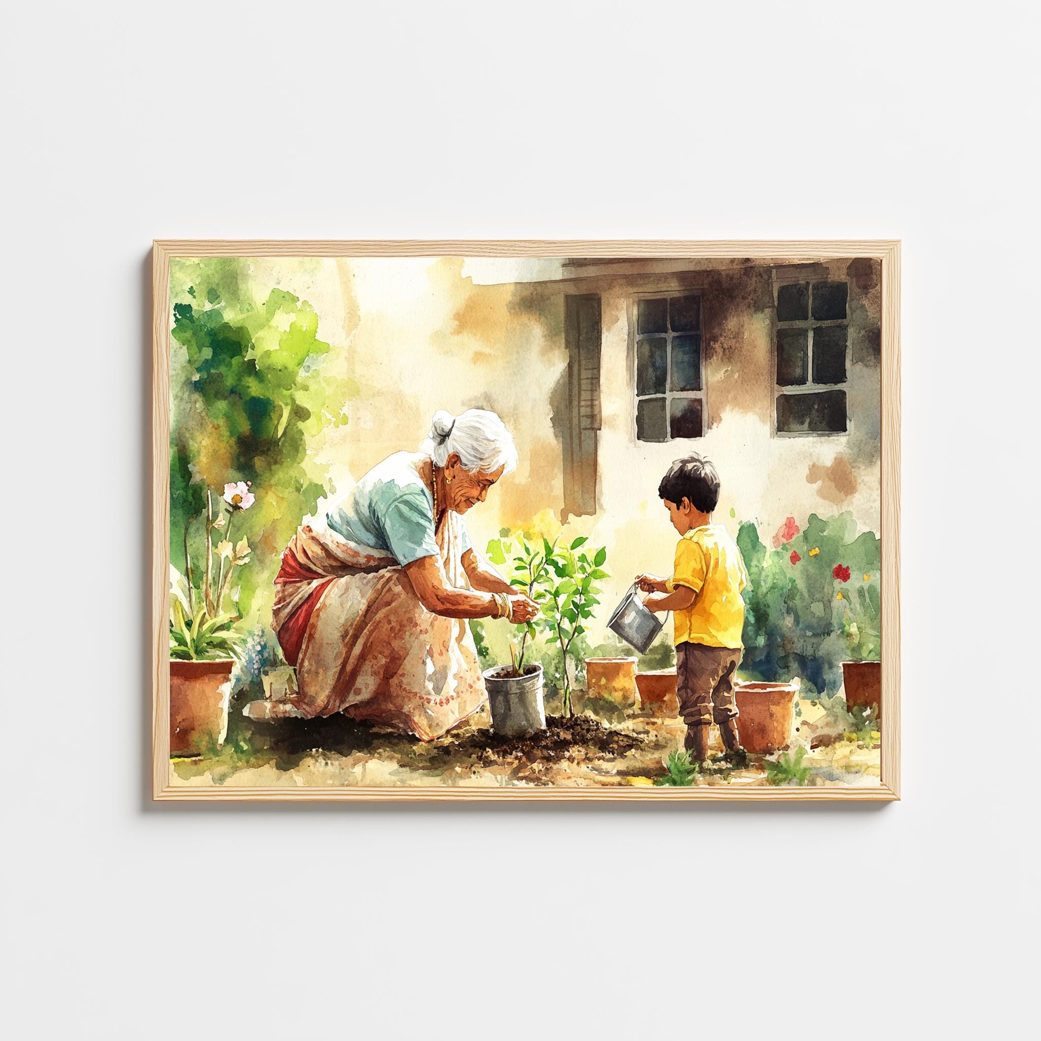 Indian Painting, Indian Wall Art, Grandma and Grandson Gardening, Indian Nostalgic Art, Indian Heritage, Desi Memories, Printed & Shipped
