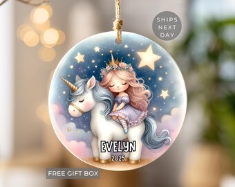 Unicorn & Princess Personalized Girls Christmas Ornament, Custom Girl Name Ornament Kids Christmas Keepsake Unicorn Lover Christmas Gift