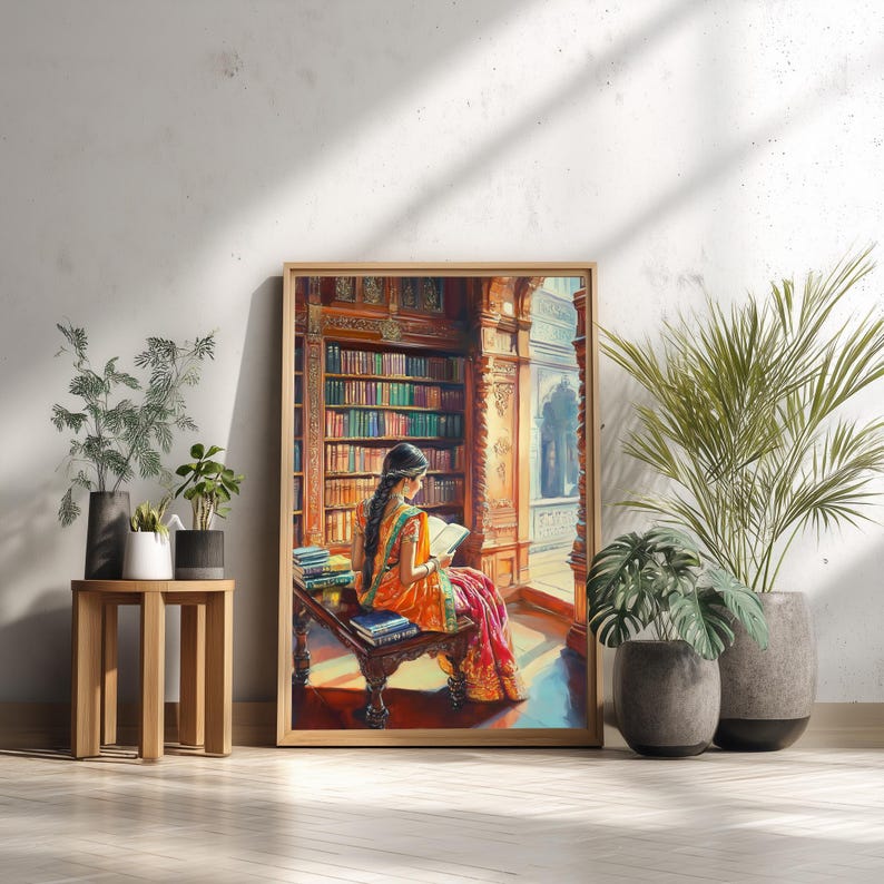 Może przedstawiać: Oprawiony wydruk przedstawiający kobietę czytającą w bibliotece. Grafika przedstawia kobietę w tradycyjnym indyjskim stroju, siedzącą na ławce, otoczoną regałami. Paleta kolor&oacute;w obejmuje ciepłe odcienie pomarańczowego, czerwonego i brązowego.