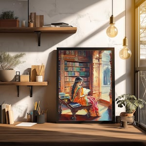 Może przedstawiać: Oprawiony wydruk przedstawia osobę czytającą w bibliotece. Osoba ma na sobie pomarańczowe i r&oacute;żowe sari. Biblioteka ma duży regał pełen książek. Wydruk jest w czarnej ramie i na drewnianym biurku.