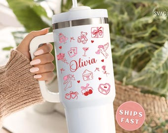 Personalized Valentine 40 oz Tumbler with Handle, Custom Valentine Day Tumbler Love Heart Tumbler Valentine Travel Mug Valentines Day Cup