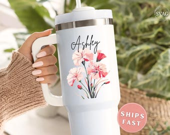 Custom Birth Flower 40 oz Tumbler, Birth Month Flower Custom Name Tumbler with Handle & Straw Personalized Birth Flower Cups Floral Tumbler