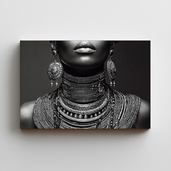 Afrocentric Wall Art, Bold African Tribal Jewelry Wall Art, Black and White Portrait Print, Black Woman Art, Modern Ethnic Fashion Poster