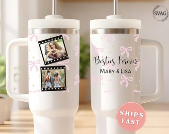 Bestie Photo 40oz Tumbler, Personalized Best Friend Tumblers Besties Forever Photo Tumbler Custom Best Friend Tumblers with Handle & Straw