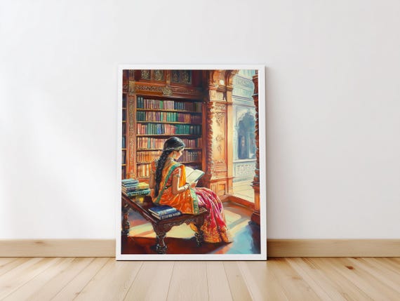 Indian Woman Reading Book Wall Art, Traditional Indian Library Painting,  Indian Culture Decor, Book Lover Gift, Reading Nook Wall Art Print