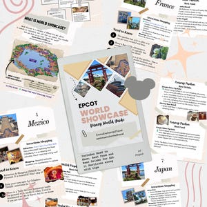 May include: A guide to EPCOT's World Showcase at Disney World, featuring information on attractions, shopping, and dining in Mexico, France, and Japan. The guide includes tips and details on 11 pavilions.