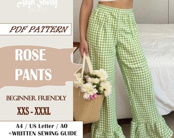 ROSE Pants / Ruffle Hem Pants PDF Pattern / Rose Pants with High Waist & Wide Fit / Easy Sewing / A4 / US / A0 /Beginner Friend /  Wide Leg