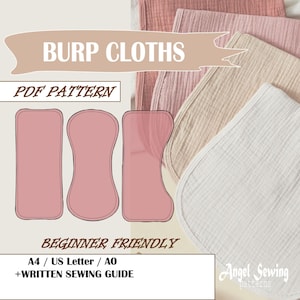 以下が含まれることがあります： ゲップクロス用のデジタルPDFパターン。画像には、3つのピンク色のゲップクロス テンプレートと、白、ピンク、ベージュの完成したクロスが表示されています。テキストには「BURP CLOTHS」、「PDF PATTERN」、および「BEGINNER FRIENDLY」が含まれています。
