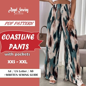 Leg Wide Linen Trousers Sewing Pattern: Elastic Waist, Pockets (PDF Pattern XXS-XXXL)