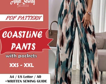 Wijde pijpen linnen broek Naaipatroon: elastische taille, zakken (pdf-patroon XXS-XXXL)