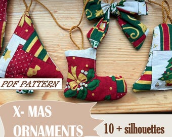 X-MAS ornaments / Christmas Ornaments PDF / Sewing Pattern – 10+ Holiday Shapes – Stocking / Tree /Bell /Bow  / A4 / US /  almost for free
