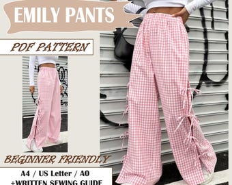 EMILY pants / Beginner Pants PDF Pattern /  Emily Wide Leg with Elastic Waist /  Easy Sewing Project /  A4 / US Letter / A0 / Wide Leg,pgf