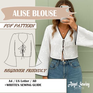 May include: White blouse with floral embroidery, black trim, and tie-up neckline. The image includes the text "ALISE BLOUSE", "PDF PATTERN", and "BEGINNER FRIENDLY". The pattern is A4/US Letter/A0 with a written sewing guide. The Angel Sewing patterns logo is visible.