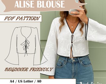 ALISE BLOUSE / Blouse Pattern  / V Neck Linen Top Beginner / Project all sizes Trendy Tunic Sewing Pattern / Women’s Elegant  Shirt / pdf