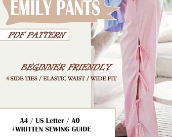EMILY pants / Wide Leg Pants PDF Pattern / Emily Pants with Elastic Waist & 4 Side Ties / Easy Sewing –  A4 / US /A0 / Beginner Pants pdf