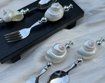 Juego de cubiertos de nácar natural: elegante cuchara, tenedor y abrebotellas de concha, vajilla costera, regalo de inauguración.