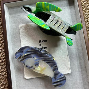 May include: Two decorative hair clips in a shadow box. One clip is a green and yellow sea turtle, the other is a blue and white dolphin. A small piece of paper with the words "Have a nice" is between the clips.