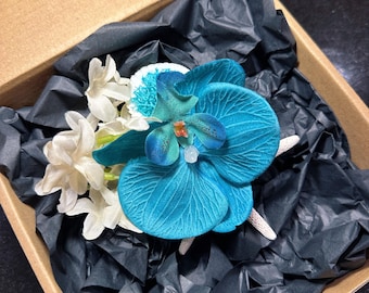 Handmade Blue Orchid Seashell Hair Clip | Tropical Beach Wedding Hair Accessory | Coastal Summer Flower Barrette
