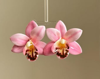 May include: Two pink orchid blossoms with a clear stem. The petals are a soft pink with a darker, patterned center in shades of brown and yellow. The flowers are suspended against a neutral background.