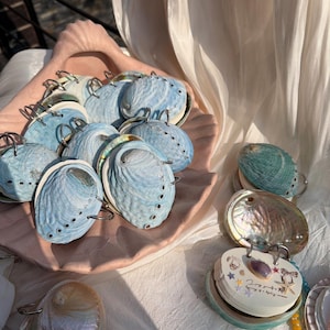 May include: A collection of iridescent blue abalone shells with silver metal rings, displayed in a pink shell-shaped dish. Some shells are open, revealing the pearlescent interior. A small, decorative notepad with a purple gem is also visible.