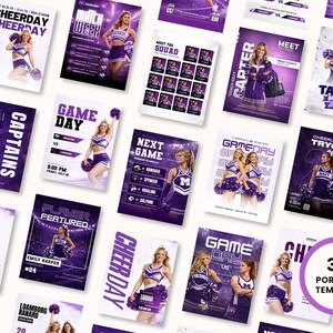 Cheerleading portrait Instagram templates preview, purple sports graphics for game day, player spotlight, and team announcements Canva bundle