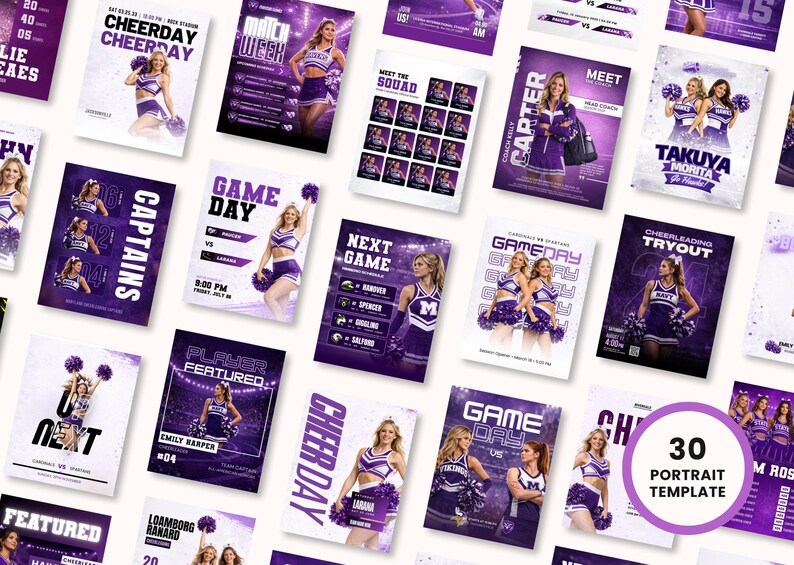 Cheerleading portrait Instagram templates preview, purple sports graphics for game day, player spotlight, and team announcements Canva bundle