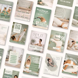 Könnte beinhalten: Eine Sammlung von Werbeflyern für ein Pilates-Studio. Die Flyer zeigen Bilder von Menschen, die Pilates machen, zusammen mit Texten wie "Classes We Offer", "First Time at" und "Split Session". Das Farbschema ist hauptsächlich grün und weiß.