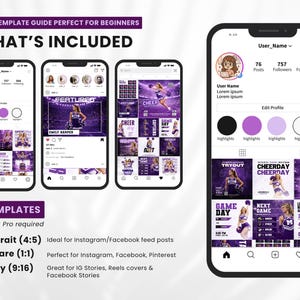 90 cheerleading Canva templates preview on Instagram feed mockup, includes square, portrait, and story formats for sports team social media