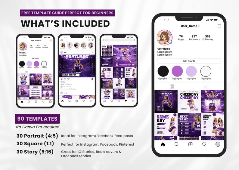 90 cheerleading Canva templates preview on Instagram feed mockup, includes square, portrait, and story formats for sports team social media