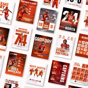 Könnte beinhalten: Eine Sammlung von Werbeplakaten für ein Footballteam, die Spieler in orangefarbenen und weißen Uniformen zeigen. Jedes Plakat enthält Spielernamen, Spieldetails und Teamlogos. Die Plakate sind auf weißem Hintergrund angeordnet.
