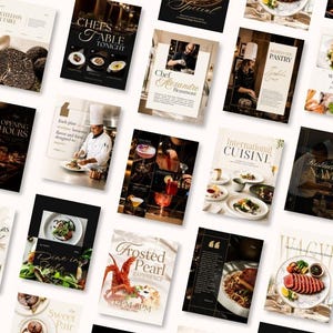 May include: A collection of rectangular restaurant menu templates featuring various culinary themes, including images of chefs, plated dishes, cocktails, and text headings like Chefs Table Tonight, International Cuisine, and Frosted Pearl Experience.