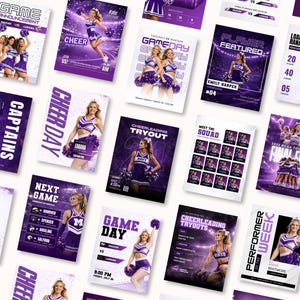 Cheerleading social media templates Canva bundle, purple sports graphics set, 90 Instagram templates for cheer teams, game day, roster, and tryouts posts