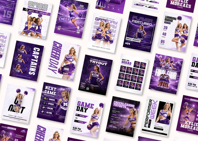 Cheerleading social media templates Canva bundle, purple sports graphics set, 90 Instagram templates for cheer teams, game day, roster, and tryouts posts