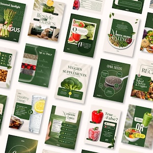 May include: A collection of green and white informational cards with images of food and text. The cards cover topics like recipes, nutrition, and healthy eating. Some cards feature asparagus, chia seeds, and vegetables.