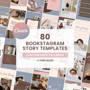 Puede incluir: Un collage de 80 plantillas de historias de Bookstagram, personalizables en Canva, en una paleta de colores suaves de rosa, azul y marrón. Las plantillas presentan imágenes de libros, lectura y superposiciones de texto. Incluye una guía gratuita.