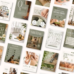 Puede incluir: Una colección de folletos promocionales con temática de spa y bienestar. Los folletos presentan imágenes de masajes, baños de pies y aromaterapia. El texto incluye "Relax, Recharge", "Calm Energy", "Hello May" y "Holiday Schedule". La paleta de colores es principalmente verde y blanco.