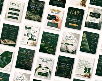 Könnte beinhalten: Eine Sammlung rechteckiger Finanz-Lernkarten in dunkelgrünen und weißen Farbschemata. Die Karten zeigen verschiedene Infografiken, Textüberschriften wie Gold Market Update und Credit Score Basics, Finanzdiagramme sowie Zitate zum Thema Geldmanagement.