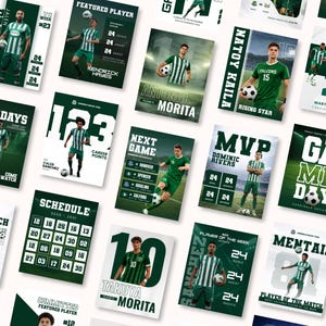 Può includere: Una collezione di poster promozionali a tema calcistico. Ogni poster presenta un giocatore in uniforme verde e bianca, insieme a testi come "Giocatore in evidenza", "MVP" e "Giorno della partita". I poster includono nomi, numeri e statistiche dei giocatori.