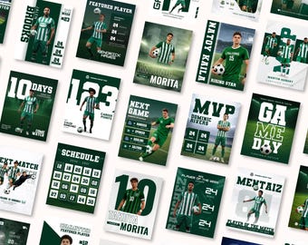 May include: A collection of soccer-themed promotional posters. Each poster features a player in a green and white uniform, along with text such as "Featured Player," "MVP," and "Game Day." The posters include player names, numbers, and game statistics.
