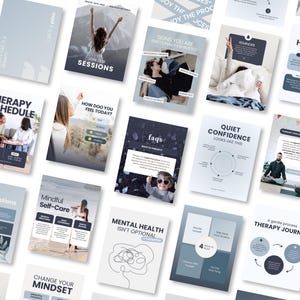 May include: A selection of informational leaflets in a light blue and white colour scheme. The leaflets cover topics such as therapy, mental health tips, self-care, and mindfulness. Some leaflets include images of people and text like "Therapy Schedule" and "Join Our Sessions."