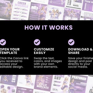 How to use Canva templates for cheerleading social media, easy steps to edit sports templates, customize, download and share posts