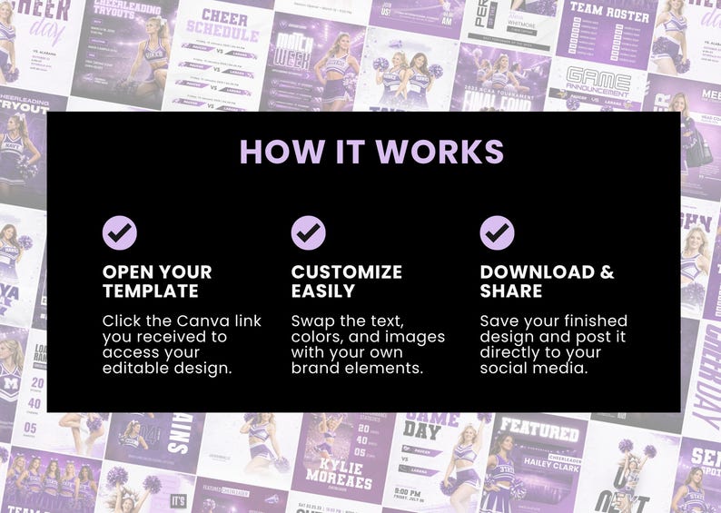 How to use Canva templates for cheerleading social media, easy steps to edit sports templates, customize, download and share posts
