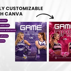 Editable cheerleading Canva templates before and after customization, change colors, text, photos for sports team branding